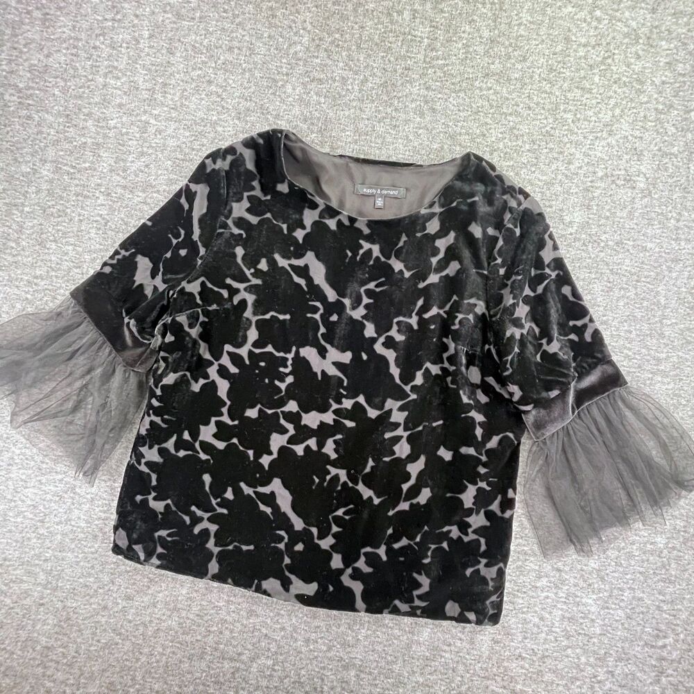 Supply & Demand Velvet Burnout Blouse M Black Whimsygoth Mesh Sleeve Dark Fairy